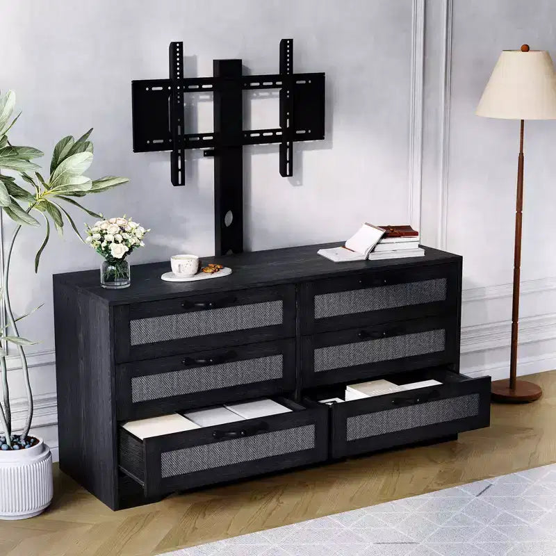 Meuble TV avec support, meuble de divertissement moderne de 120 cm, commode en rotin à 6 tiroirs pour téléviseurs de 32 à 85 pouces, table de console multimédia avec rangement pour salon