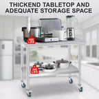 Table de préparation en acier inoxydable avec crédence, étagère inférieure réglable et 4 roulettes, table commerciale robuste avec étagère inférieure réglable