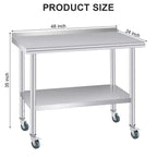 Table de préparation en acier inoxydable avec crédence, étagère inférieure réglable et 4 roulettes, table commerciale robuste avec étagère inférieure réglable