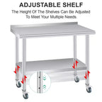 Table de préparation en acier inoxydable avec crédence, étagère inférieure réglable et 4 roulettes, table commerciale robuste avec étagère inférieure réglable
