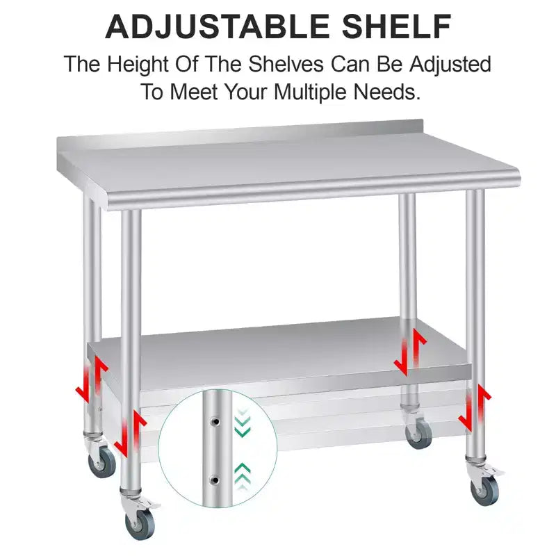 Table de préparation en acier inoxydable avec crédence, étagère inférieure réglable et 4 roulettes, table commerciale robuste avec étagère inférieure réglable