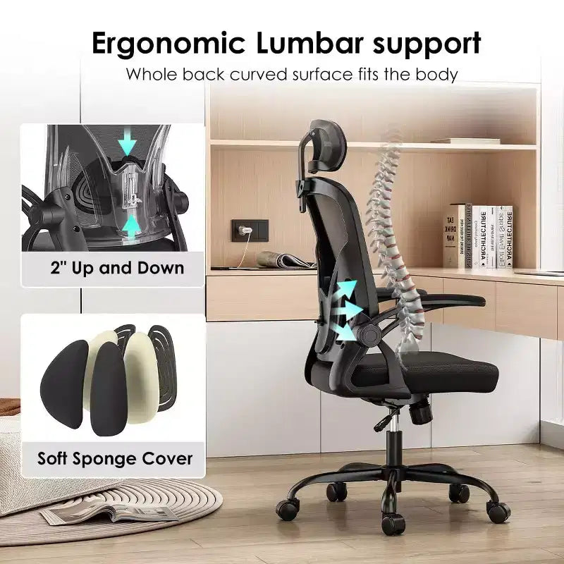 Chaise de bureau ergonomique TUYOHW, chaise pivotante d'ordinateur avec support lombaire réglable, accoudoirs relevables, appui-tête et dossier en maille pour la maison, la chambre à coucher