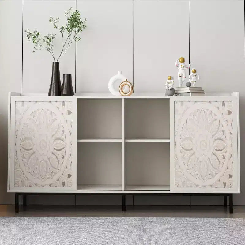 Meuble de Rangement Buffet, Cabinet de Rangement Rétro à 2 Portes, Buffet de Ferme Sculpté avec Porte Coulissante à Pousser-Tirer