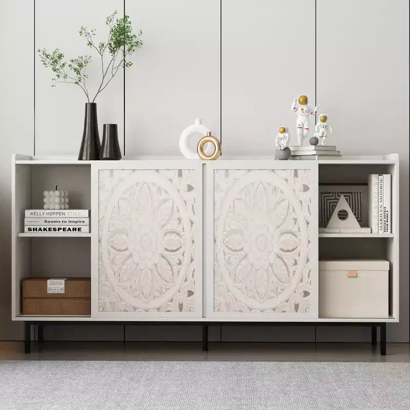Meuble de Rangement Buffet, Cabinet de Rangement Rétro à 2 Portes, Buffet de Ferme Sculpté avec Porte Coulissante à Pousser-Tirer