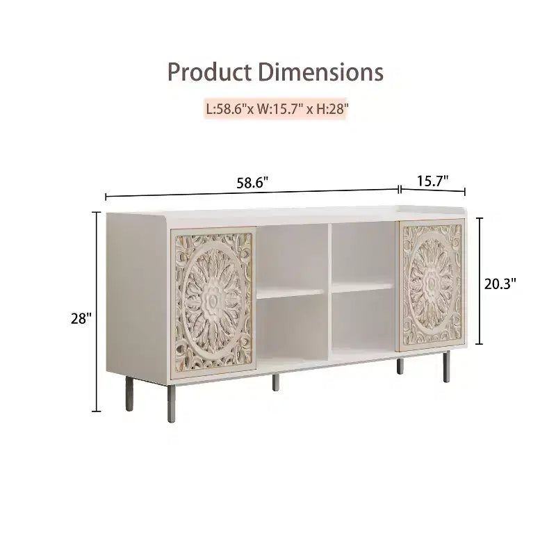 Meuble de Rangement Buffet, Cabinet de Rangement Rétro à 2 Portes, Buffet de Ferme Sculpté avec Porte Coulissante à Pousser-Tirer