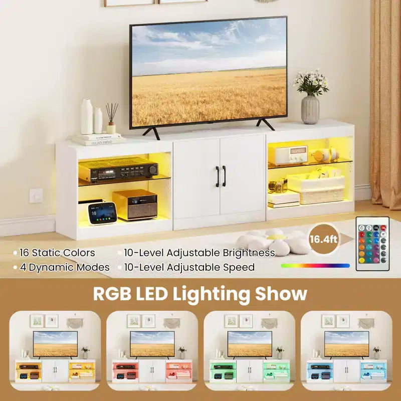 Meuble TV Costway avec prises de courant, lumières LED réglables et placard de rangement pour téléviseurs jusqu'à 85 pouces, noir/blanc