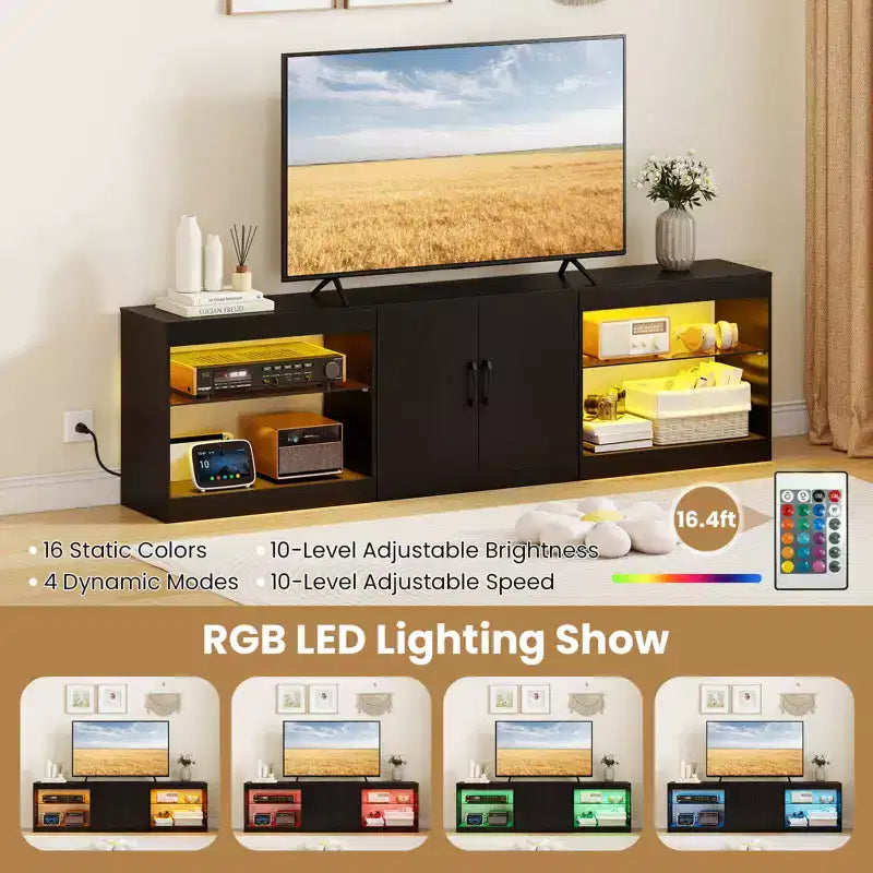 Meuble TV Costway avec prises de courant, lumières LED réglables et placard de rangement pour téléviseurs jusqu'à 85 pouces, noir/blanc