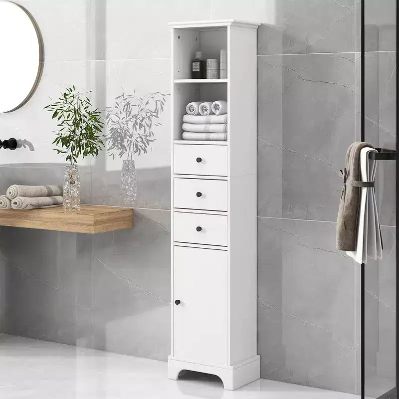 Meuble de rangement autoportant, armoire de sol en MDF avec 3 tiroirs, 2 étagères ouvertes et 1 porte pour salle de bain, cuisine, salon