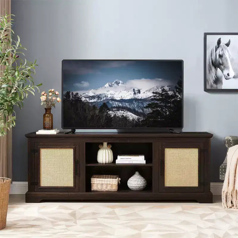 Meuble TV de ferme, pour écrans jusqu'à 70 pouces, meuble de divertissement en bois avec 2 étagères ouvertes et 2 portes en rotin, table console pour salon