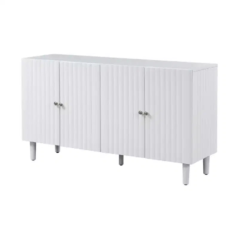 Bahut moderne et élégant avec 4 portes à motif ondulé et pieds cylindriques, meuble de rangement de 58 po avec étagères réglables, accent d'entrée