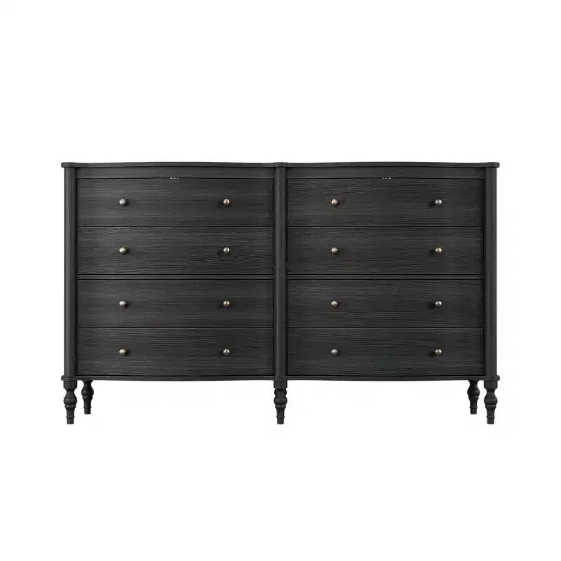 Commode vintage Homsee noire/chêne clair à façade incurvée avec 8 tiroirs, commode de chambre de luxe avec boutons en bronze, table de toilette
