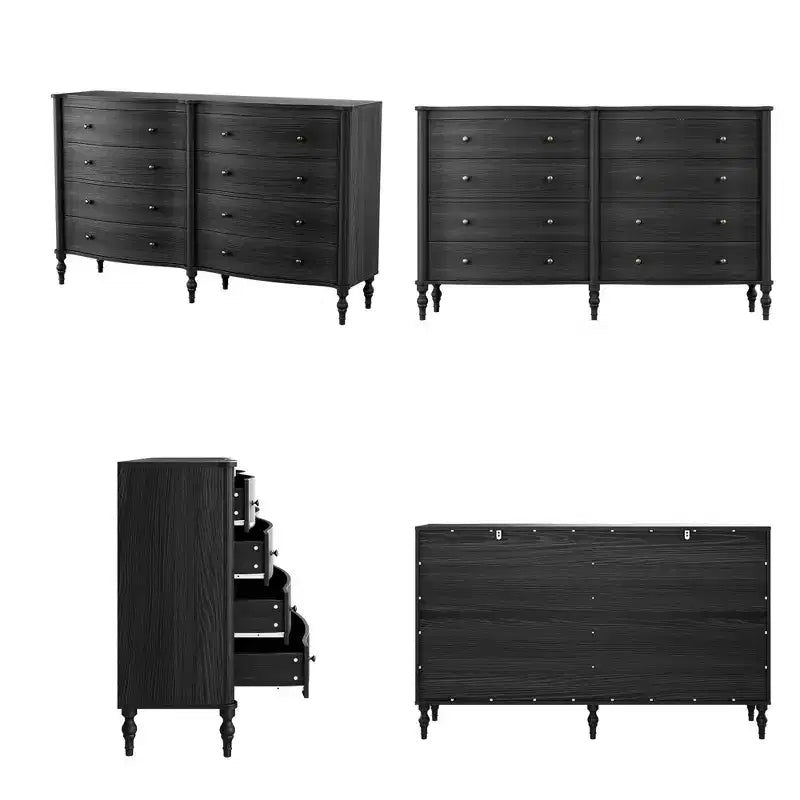 Commode vintage Homsee noire/chêne clair à façade incurvée avec 8 tiroirs, commode de chambre de luxe avec boutons en bronze, table de toilette