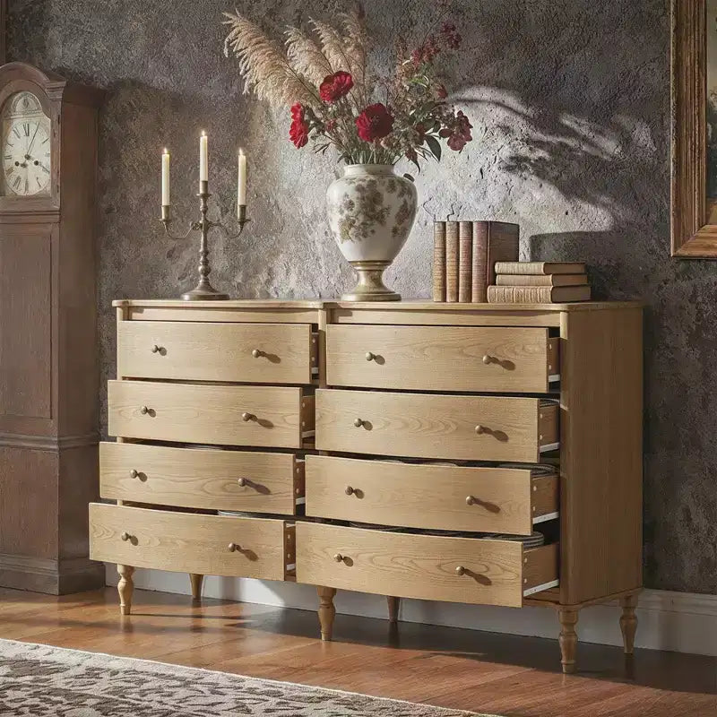 Commode vintage Homsee noire/chêne clair à façade incurvée avec 8 tiroirs, commode de chambre de luxe avec boutons en bronze, table de toilette
