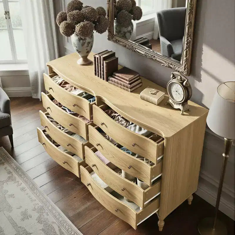 Commode vintage Homsee noire/chêne clair à façade incurvée avec 8 tiroirs, commode de chambre de luxe avec boutons en bronze, table de toilette