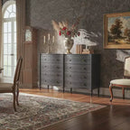 Commode vintage Homsee noire/chêne clair à façade incurvée avec 8 tiroirs, commode de chambre de luxe avec boutons en bronze, table de toilette