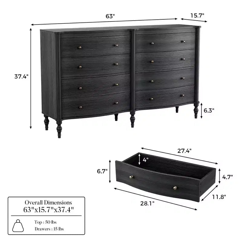 Commode vintage Homsee noire/chêne clair à façade incurvée avec 8 tiroirs, commode de chambre de luxe avec boutons en bronze, table de toilette