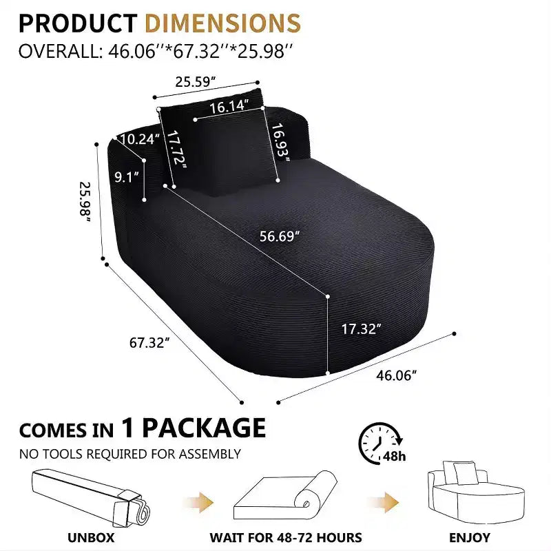 Chaise longue surdimensionnée en velours côtelé avec assise large de 117 cm, canapé-lit confortable avec oreillers pour salon ou chambre à coucher-Panipeachy