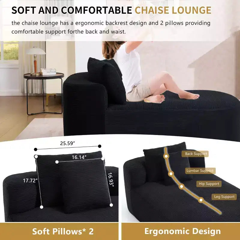 Chaise longue surdimensionnée en velours côtelé avec assise large de 117 cm, canapé-lit confortable avec oreillers pour salon ou chambre à coucher-Panipeachy