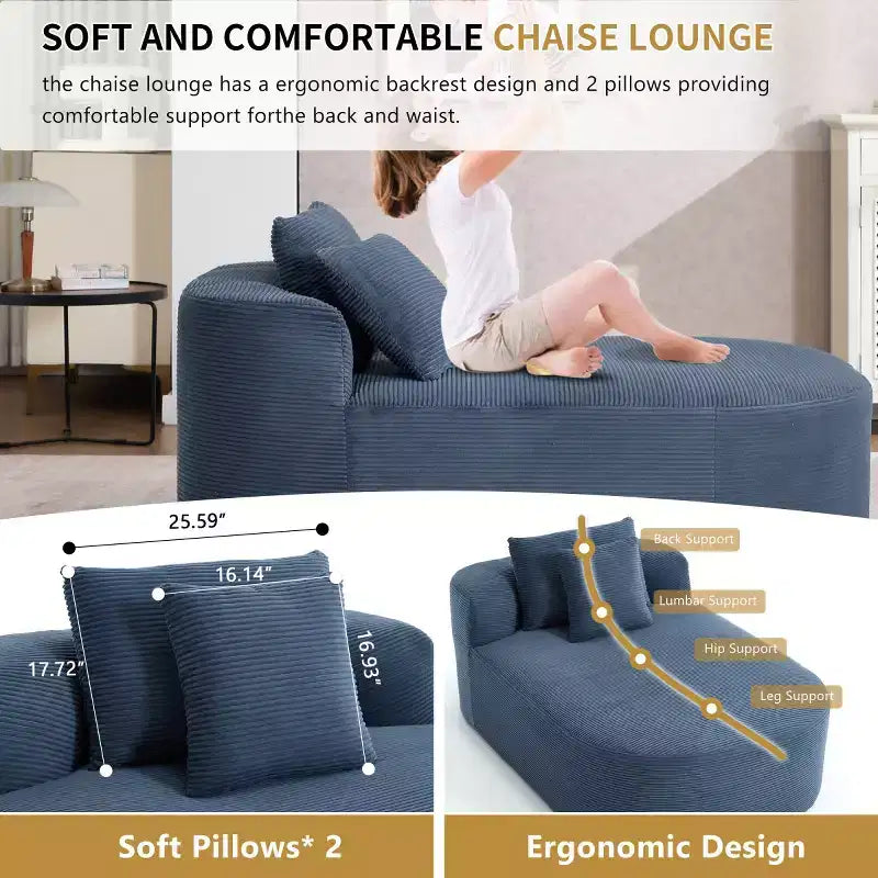Chaise longue surdimensionnée en velours côtelé avec assise large de 117 cm, canapé-lit confortable avec oreillers pour salon ou chambre à coucher-Panipeachy