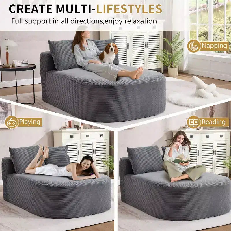 Chaise longue surdimensionnée en velours côtelé avec assise large de 117 cm, canapé-lit confortable avec oreillers pour salon ou chambre à coucher-Panipeachy