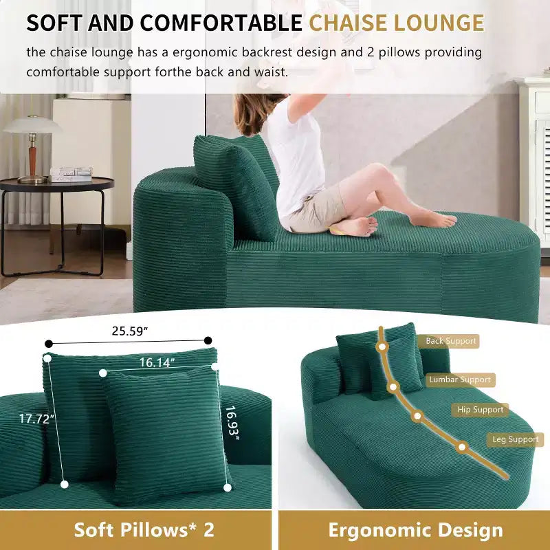Chaise longue surdimensionnée en velours côtelé avec assise large de 117 cm, canapé-lit confortable avec oreillers pour salon ou chambre à coucher-Panipeachy