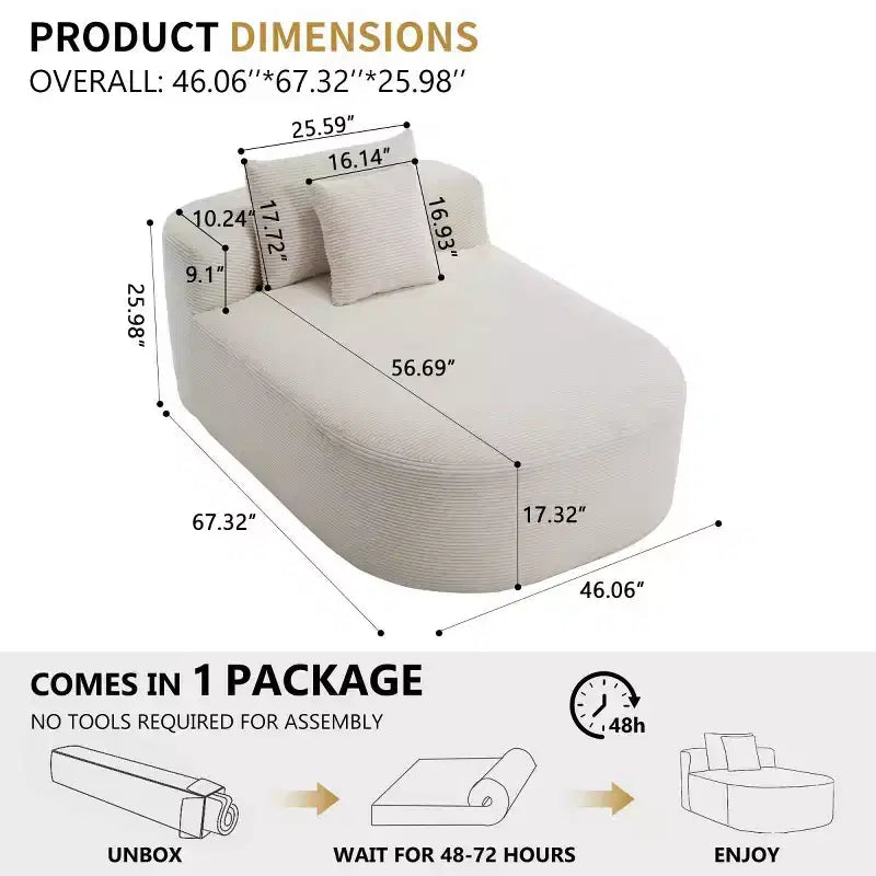 Chaise longue surdimensionnée en velours côtelé avec assise large de 117 cm, canapé-lit confortable avec oreillers pour salon ou chambre à coucher-Panipeachy