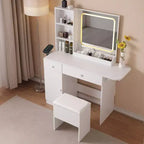 Coiffeuse Okak avec tabouret de rangement, coiffeuse de maquillage avec prise de courant et grand meuble de rangement, table de maquillage pour salon, chambre, blanc