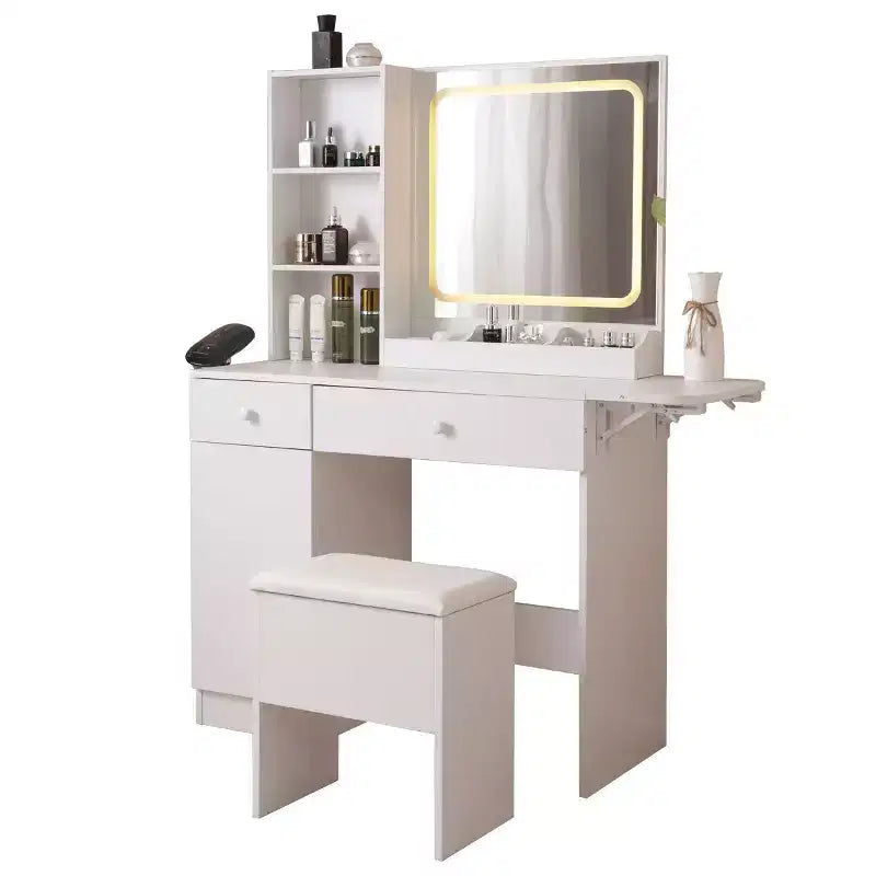 Coiffeuse Okak avec tabouret de rangement, coiffeuse de maquillage avec prise de courant et grand meuble de rangement, table de maquillage pour salon, chambre, blanc
