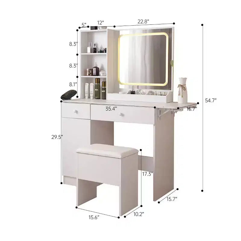 Coiffeuse Okak avec tabouret de rangement, coiffeuse de maquillage avec prise de courant et grand meuble de rangement, table de maquillage pour salon, chambre, blanc