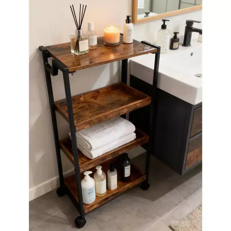Chariot Roulant Pliable avec Roue Verrouillable, Étagère de Rangement en Bois à 4 Niveaux, Étagère d'Organisation de Cuisine Extensible, Étagères de Garage de 45 kg