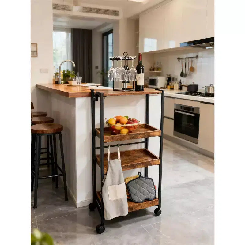 Chariot Roulant Pliable avec Roue Verrouillable, Étagère de Rangement en Bois à 4 Niveaux, Étagère d'Organisation de Cuisine Extensible, Étagères de Garage de 45 kg