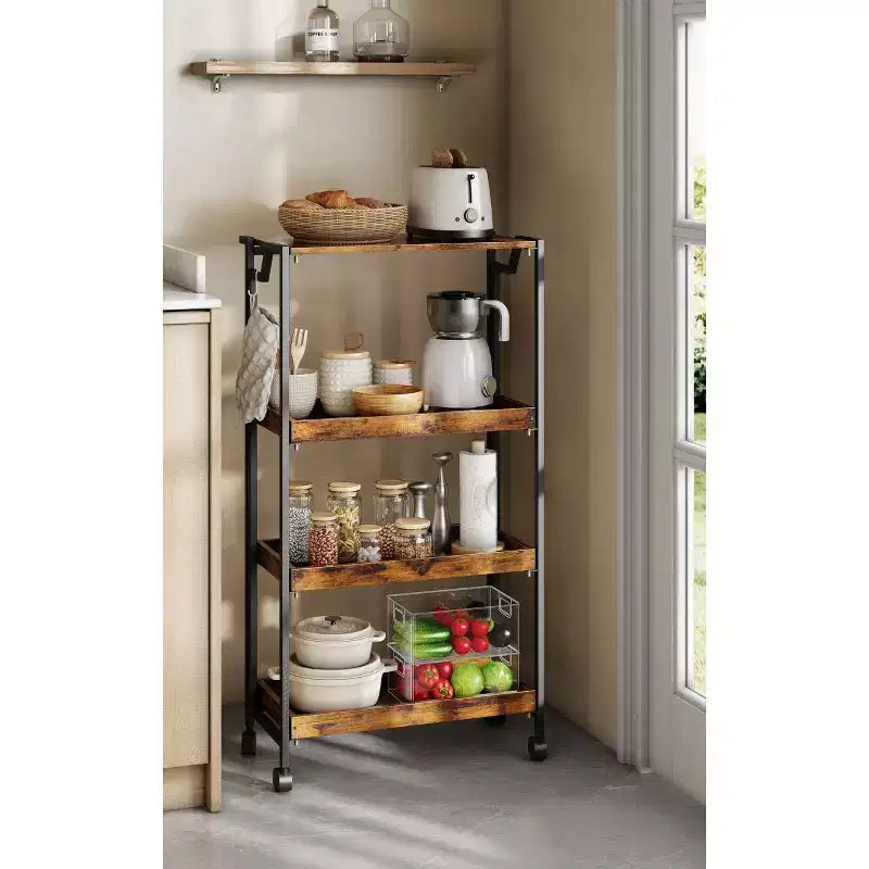 Chariot Roulant Pliable avec Roue Verrouillable, Étagère de Rangement en Bois à 4 Niveaux, Étagère d'Organisation de Cuisine Extensible, Étagères de Garage de 45 kg