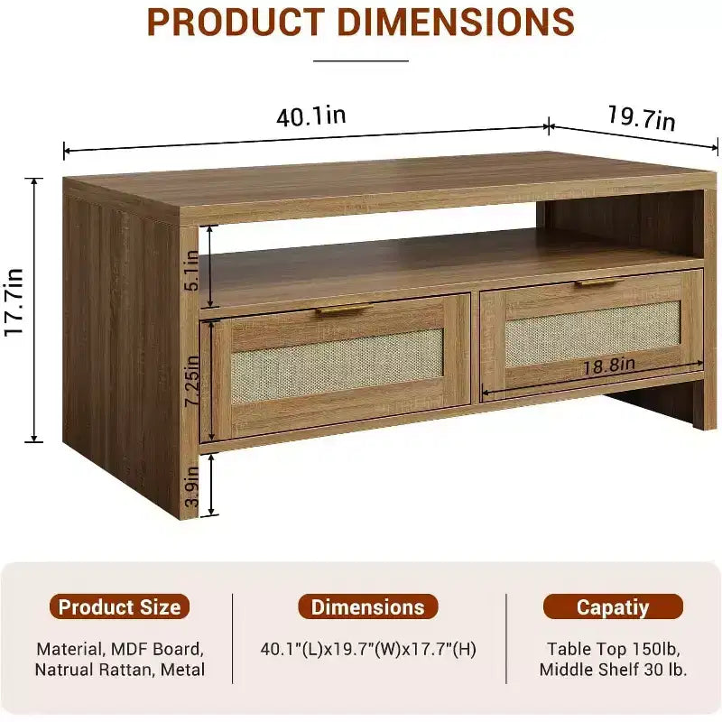 Lot de 2 tables basses Boho marron 40, tables consoles de rangement en rotin C pour salon/ferme