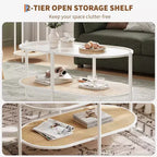 Table basse bohème en rotin avec plateau en verre, Table d'appoint ovale à 2 niveaux avec cadre en métal et étagère de rangement inférieure, Table d'appoint rustique de style ferme pour salon