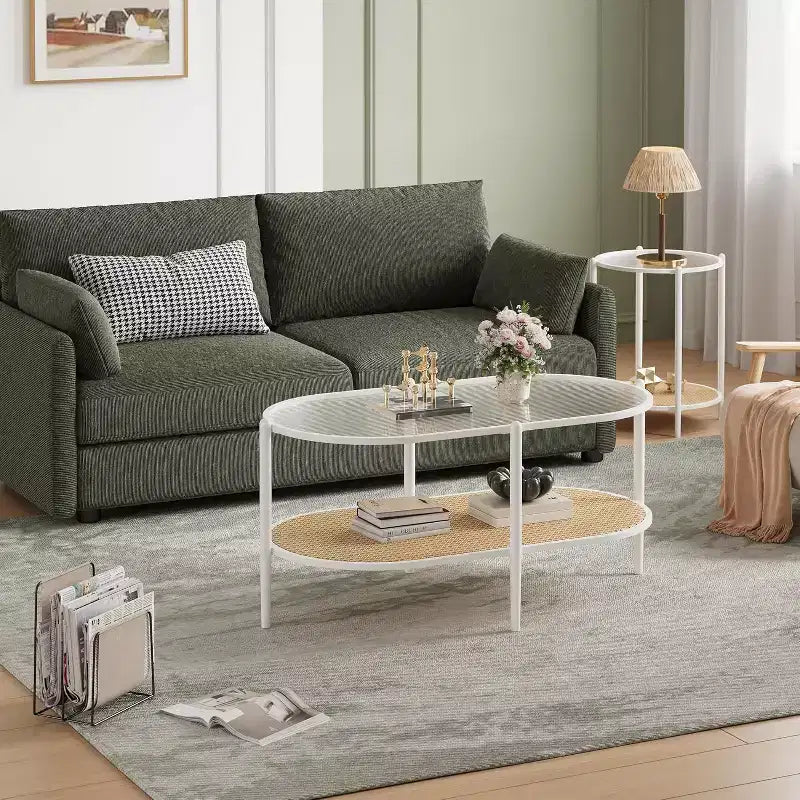 Table basse bohème en rotin avec plateau en verre, Table d'appoint ovale à 2 niveaux avec cadre en métal et étagère de rangement inférieure, Table d'appoint rustique de style ferme pour salon