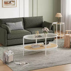 Table basse bohème en rotin avec plateau en verre, Table d'appoint ovale à 2 niveaux avec cadre en métal et étagère de rangement inférieure, Table d'appoint rustique de style ferme pour salon