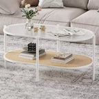 Table basse bohème en rotin avec plateau en verre, Table d'appoint ovale à 2 niveaux avec cadre en métal et étagère de rangement inférieure, Table d'appoint rustique de style ferme pour salon