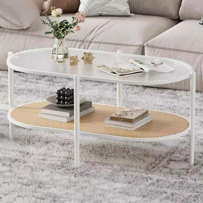 Table basse bohème en rotin avec plateau en verre, Table d'appoint ovale à 2 niveaux avec cadre en métal et étagère de rangement inférieure, Table d'appoint rustique de style ferme pour salon