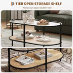 Table basse bohème en rotin avec plateau en verre, Table d'appoint ovale à 2 niveaux avec cadre en métal et étagère de rangement inférieure, Table d'appoint rustique de style ferme pour salon