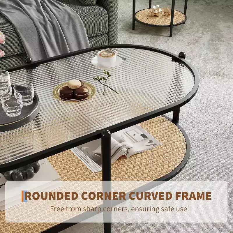 Table basse bohème en rotin avec plateau en verre, Table d'appoint ovale à 2 niveaux avec cadre en métal et étagère de rangement inférieure, Table d'appoint rustique de style ferme pour salon