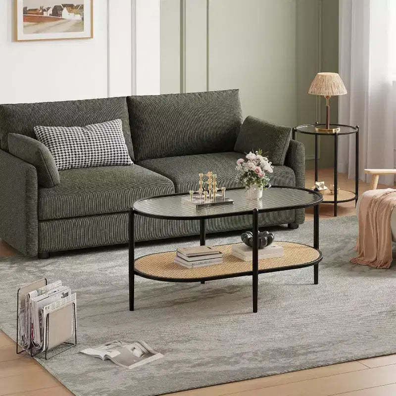Table basse bohème en rotin avec plateau en verre, Table d'appoint ovale à 2 niveaux avec cadre en métal et étagère de rangement inférieure, Table d'appoint rustique de style ferme pour salon