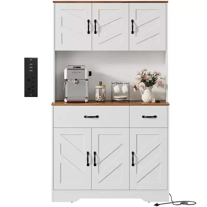 Armoire de rangement de cuisine haute de 71 pouces avec support pour micro-ondes, buffet de cuisine de style ferme avec étagères réglables pour salon, salle à manger