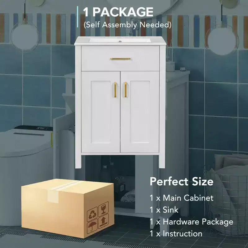 Meuble-lavabo de salle de bain de 24 pouces avec évier en céramique, tiroir basculant et étagère réglable, meuble de salle de bain autoportant pour petits espaces