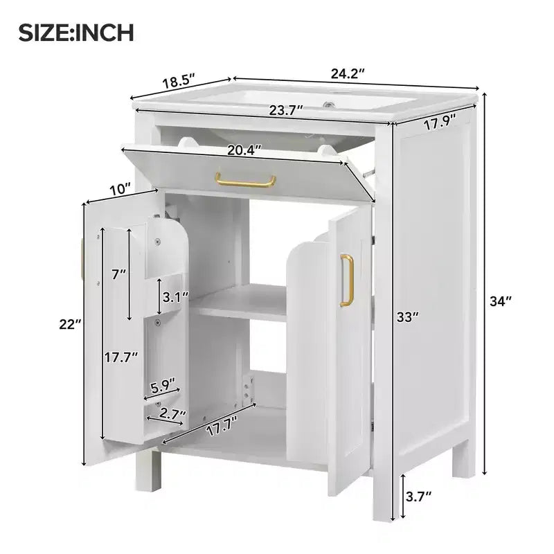 Meuble-lavabo de salle de bain de 24 pouces avec évier en céramique, tiroir basculant et étagère réglable, meuble de salle de bain autoportant pour petits espaces
