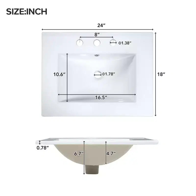 Meuble-lavabo de salle de bain de 24 pouces avec évier en céramique, tiroir basculant et étagère réglable, meuble de salle de bain autoportant pour petits espaces