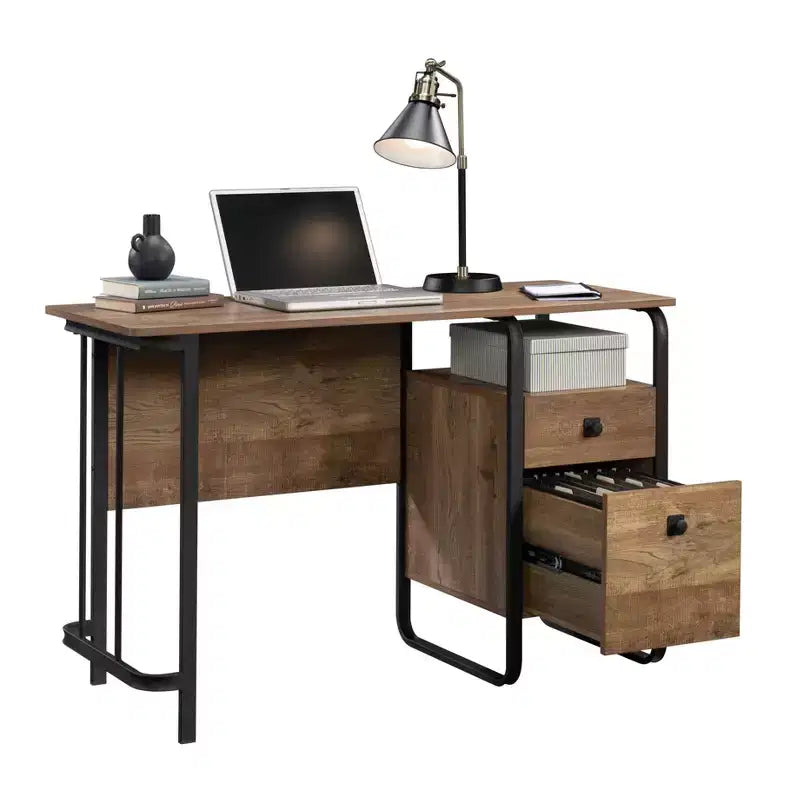 TUYOHW 47 Bureau Informatique,Bureau Industriel Moderne avec 2 Tiroirs de Rangement et 1 Étagère Ouverte,Cadre Métallique,Bureau d'Écriture pour Bureau à Domicile,Étude,Marron