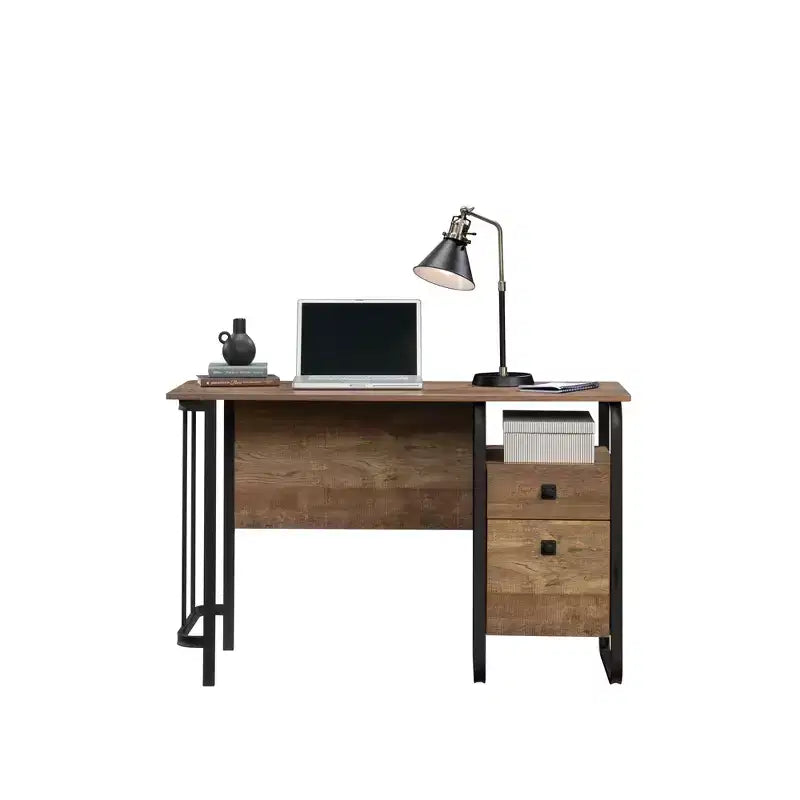 TUYOHW 47 Bureau Informatique,Bureau Industriel Moderne avec 2 Tiroirs de Rangement et 1 Étagère Ouverte,Cadre Métallique,Bureau d'Écriture pour Bureau à Domicile,Étude,Marron