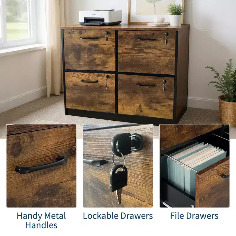 Meuble de classement à 4 tiroirs avec serrure, armoire de classement en bois verrouillable pour imprimante de bureau à domicile, armoire de classement verrouillable pour dossiers de format lettre/A4