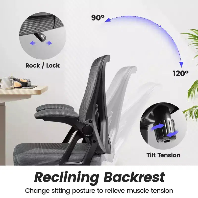 Chaise de bureau ergonomique KERDOM, Chaise de bureau en maille avec support lombaire et accoudoirs réglables, Noir