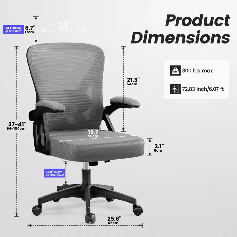 Chaise de bureau ergonomique KERDOM, Chaise de bureau en maille avec support lombaire et accoudoirs réglables, Noir